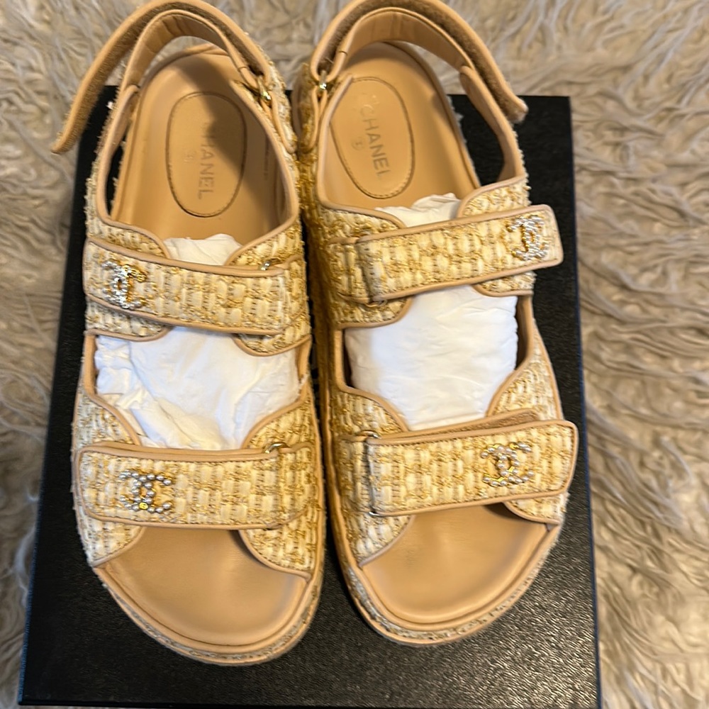 Authentic Chanel Raffia Pearl Dad Sandals
